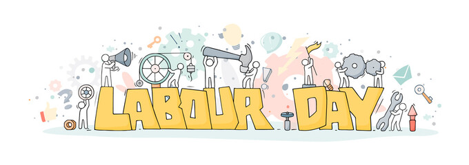 Fototapeta premium Sketch with words Labour Day and little people.