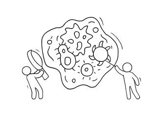 man hold magnifier and see many bacterias