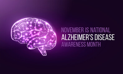 Alzheimer's disease awareness month concept. Banner template with purple ribbon and text. Vector illustration.