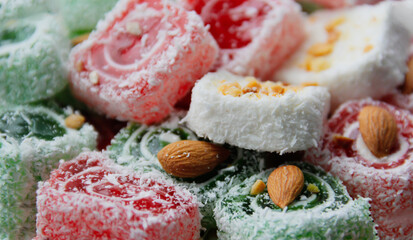 Turkish delight in red, white and green colors close-up. Travel and tourism concep