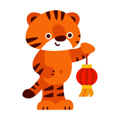Cute tiger with a red lantern. 2022 chinese new year. Vector illustration in cartoon style. Isolated on a white background.