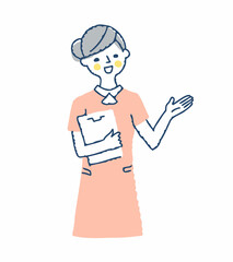 バインダーを持って案内する女性