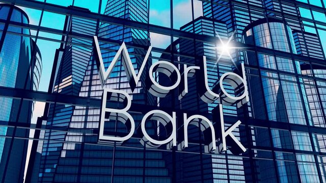 World bank typographical concept - office buildings and sun reflection. 3D 4k animation (3840 x 2160 px). 