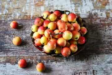 Macro. Paradise apples on a plate. Autumn harvest of apples.