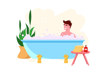 Young man is sitting in the bath and enjoying the rest. Home plant, towels, foam and bathroom cosmetics.  Vector illustration in flat style.