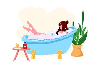 Young woman relaxes in cozy bathroom with foam bubbles. Vector illustration in flat style.