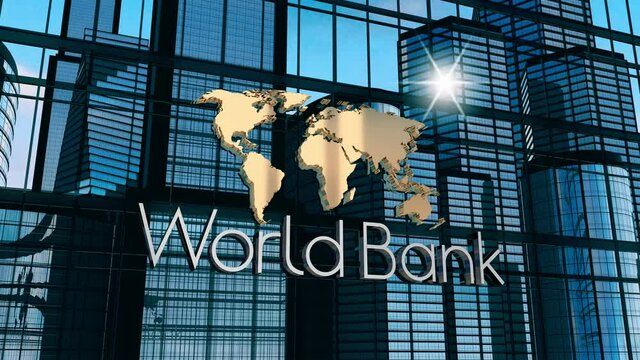 World bank typographical concept - world map, office buildings and sun reflection. 3D 4k animation (3840 x 2160 px). 