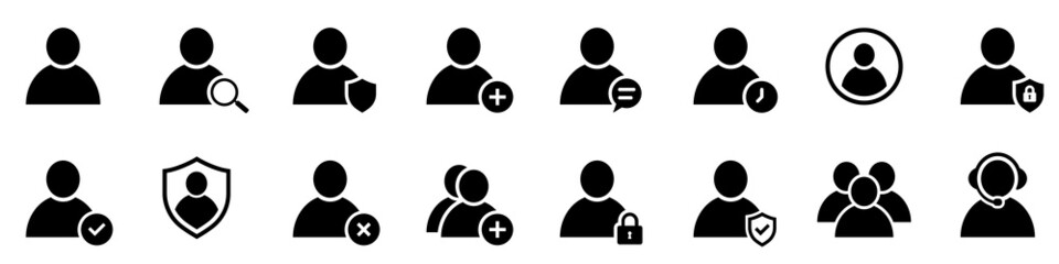 Set of Users icons. Profile, avatar, business, teamwork. Personal quality signs. User profile login, account in sign, add people, account protection. Vector illustration.