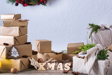 Zero waste Christmas concept, handmade gift boxes, furoshiki style