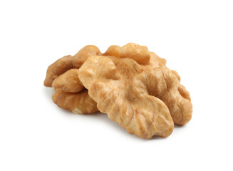 Halves of ripe walnut isolated on white