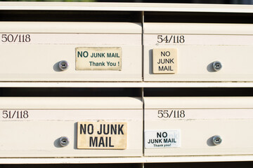 No Junk mail sign on letter boxes . Direct mailers opt out. How to stop junk mail catalogs catalogue