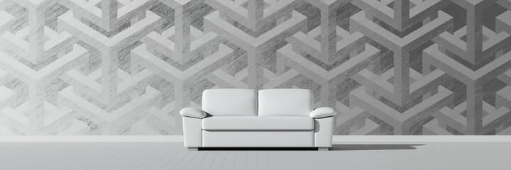 White empty interior with white modern sofa. 3D monochrome geometric pattern on the wall. Template for design. 3D pattern in the modern interior. Optical illusions. Presentation concept. 3D render.