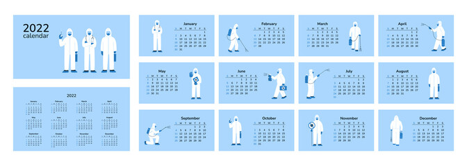 Horizontal calendar 2022. Doctors decontamination. Happy New Year. Desk table pocket calendar with medical staff in masks. Cover and 12 months pages. Set of isolated illustrations. Working in hospital