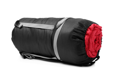 Sleeping bag in case isolated on white. Tourist equipment