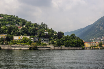 View of Traditional Colorful Buildings on Lake Como on a Rainy Day
