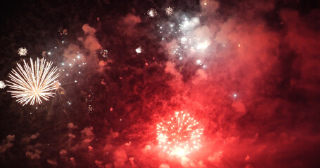 Red Firework celebrate anniversary happy new year 2022, 4th of july holiday festival. red firework in night time celebrate national holiday. Countdown to new year 2022 festival party time event