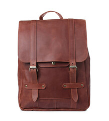 Stylish leather backpack isolated on white. Tourist outfit