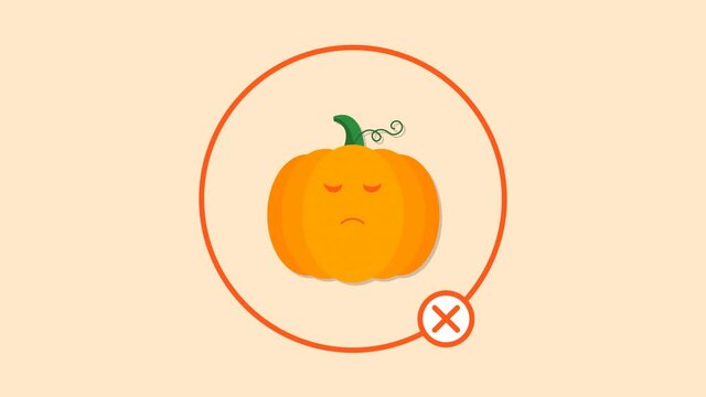 Stop motion animation. An orange circle with a forbidding sign decreases and increases around a sad Halloween pumpkin without a medical mask, health care. Seamless video