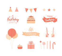 Birthday stickers, party elements set. Lettering, holiday decor objects, balloons, cake with cream, cupcake, candy and candle, gift, decorative flags, lollipop, hat, lemonade in jar, hand drawn stars