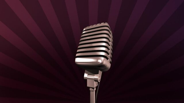 Golden retro microphone rotating on a stand. Rays are spinning on an dark background. Seamless looping