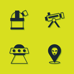 Set Astronomical observatory, Alien, UFO flying spaceship and Telescope icon. Vector