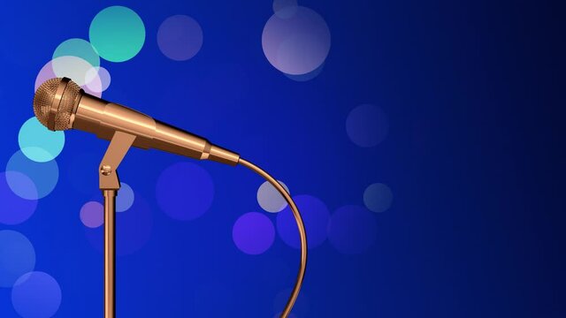 Golden microphone rotating on a stand. Colorful confetti flying on a blue background. Seamless looping