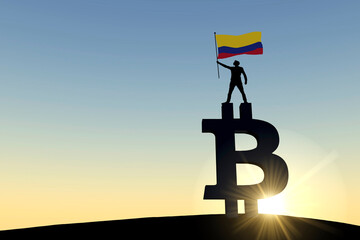 Person waving a colombia flag standing on top of a bitcoin cryptocurrency symbol. 3D Rendering