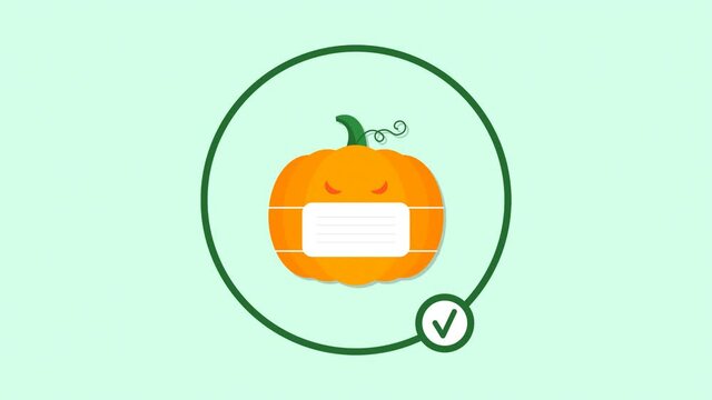 Stop motion animation. The green circle with the permission sign decreases and increases around the evil Halloween gourd in a medical mask, health care. Seamless video