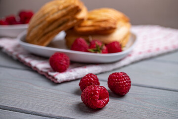 Delicious fresh pastries with raspberries in a white plate on a wooden table.