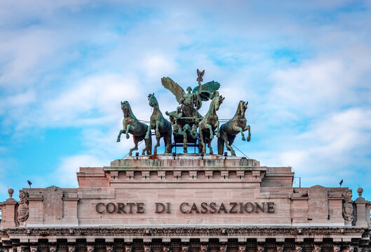 The great bronze quadriga, above the facade of the Palace of Justice in Rome, Italy. Set there in 1926, it's the work of the Sicilian sculptor Ettore Ximenes.