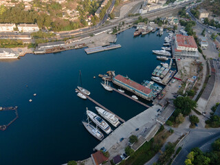 Fototapeta na wymiar quiet harbor in the sea bay from the air. Black Sea.