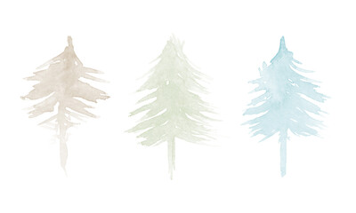 Set of 3 Vector Christmas Trees. Light Gold, Green and Light Blue Trees on a White Background. Winter Holidays Illustration with Watercolor Trees ideal for Card, Greeting, Wall Art, Banner,Poster.