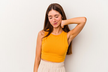 Fototapeta premium Young caucasian woman isolated on white background having a neck pain due to stress, massaging and touching it with hand.