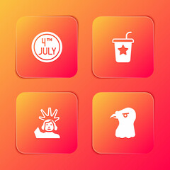 Set Calendar with date July 4, Paper glass straw, Statue of Liberty and Eagle head icon. Vector