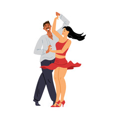 Couple of salsa or bachata dancers characters flat vector illustration isolated.