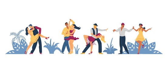 Banner with people dancing salsa flat vector illustration isolated on white. - obrazy, fototapety, plakaty