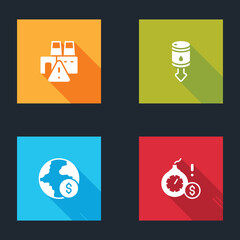 Set Shutdown of factory, Drop in crude oil price, Global economic crisis and Money bomb dollar icon. Vector