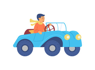 Child boy learning to drive cabriolet car, flat vector illustration isolated.