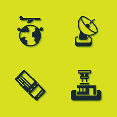 Set Globe with flying plane, Airport control tower, Airline ticket and Radar icon. Vector