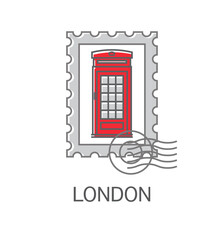 Vector illustration of a postage stamp with red phone booth. Linear icon isolated on white background. Symbol of England. Editable stroke