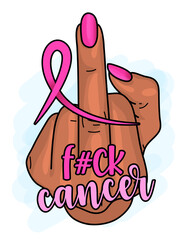 Fuck Cancer (Breast Cancer) - hand drawn Breast Cancer Awareness month lettering phrase with hand gesture, middle finger illustration. Brush quote for banners, greeting card, poster design.  - obrazy, fototapety, plakaty