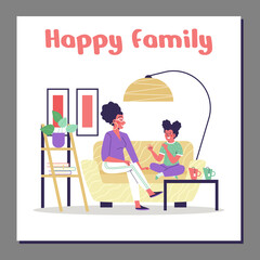 Happy family banner with mother talking to child, flat vector illustration.