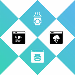 Set Page with a 404 error, Server, Data, Web Hosting, Coffee cup to go and Cloud technology data transfer icon. Vector