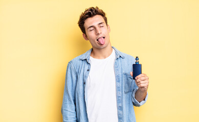with cheerful, carefree, rebellious attitude, joking and sticking tongue out, having fun. vaporizer...