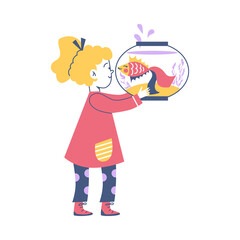 Happy child holding aquarium with goldfish flat vector illustration isolated.