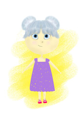 Little girl in purple dress with blue hair. Pink shoes with patterned socks. Character design. Child illustration.