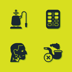 Set Hookah, Smoking pipe with smoke, Throat cancer and Nicotine gum blister pack icon. Vector