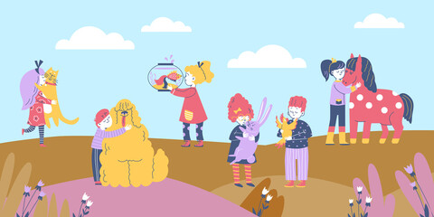 Obraz na płótnie Canvas Children walking in park and hugging pets, flat cartoon vector illustration.