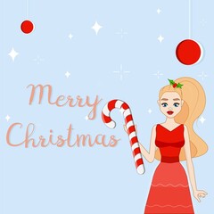 the design of a card with a happy Christmas greeting with a girl and a lollipop in a festive entourage can be used as a postcard invitation greeting card or a festive banner