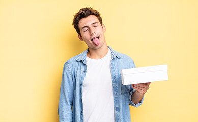 with cheerful, carefree, rebellious attitude, joking and sticking tongue out, having fun. white box...